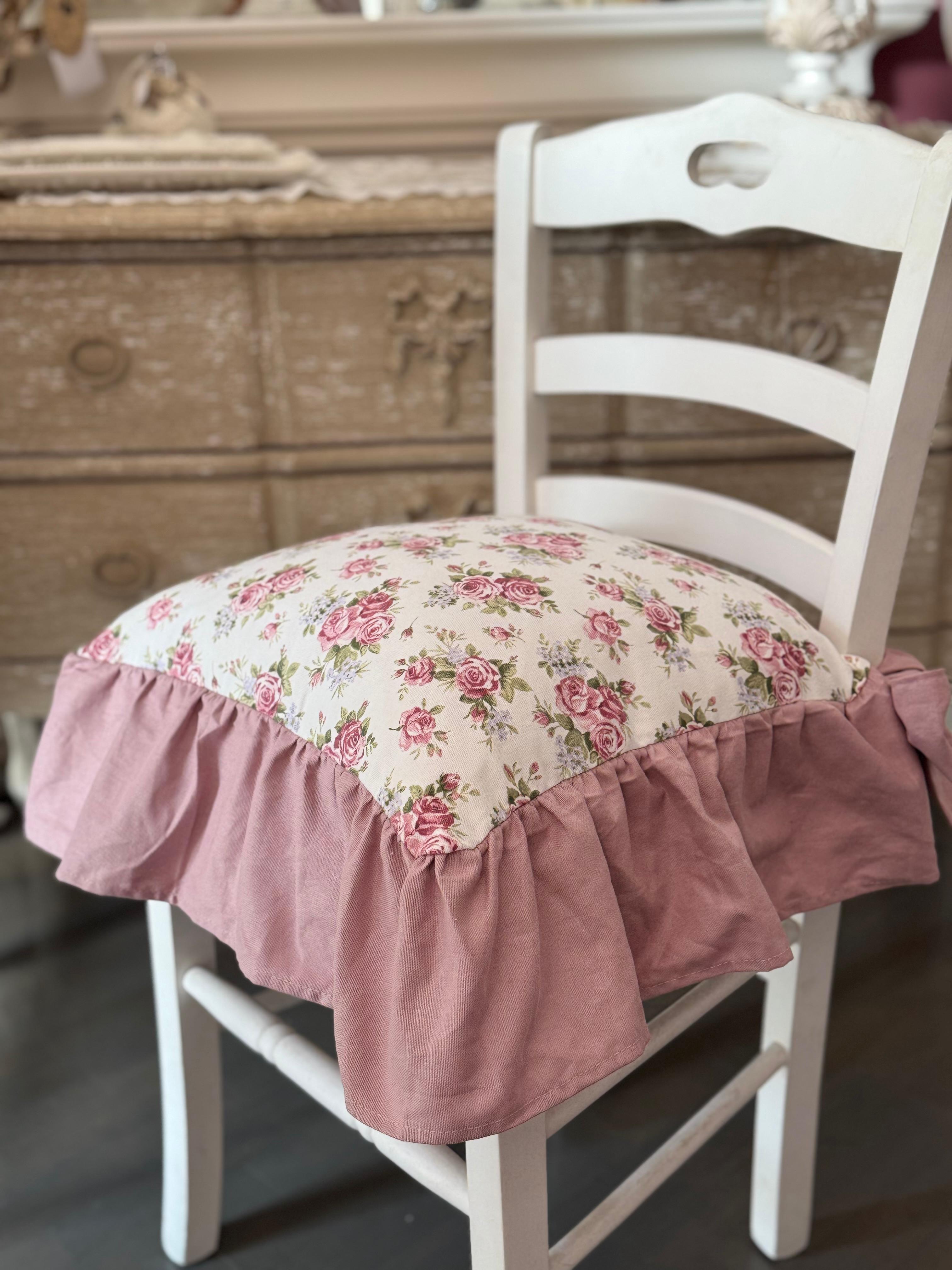 Cuscino da sedia sartoriale in panama c/roselline - 3 varianti - 45x45cm+ balza 15 cm - Fiorentino Home